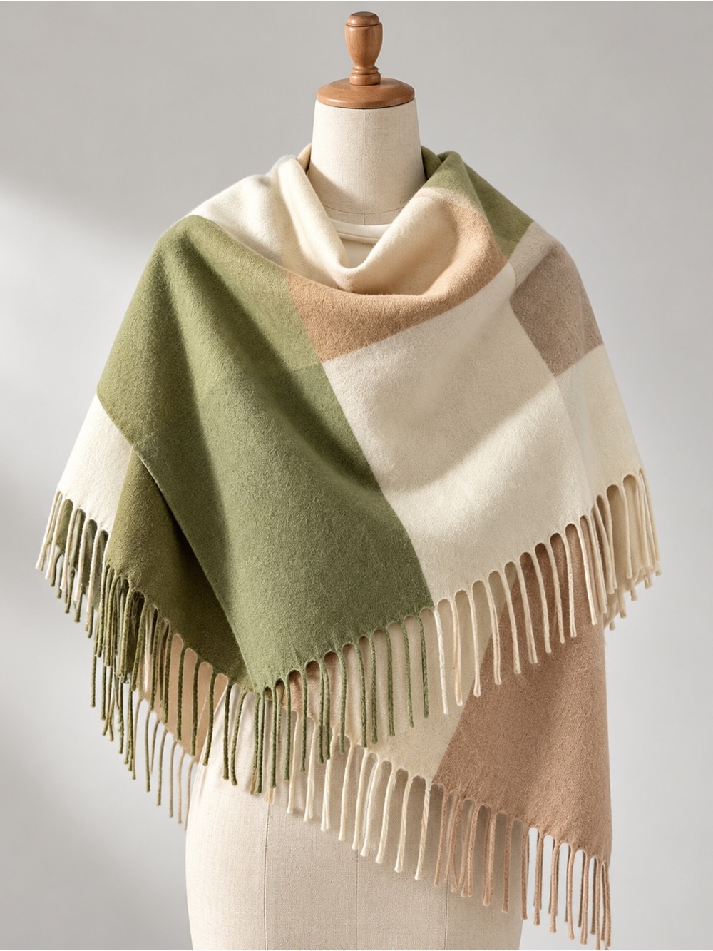 Women’s Wool Plaid Scarf Shawl – Olive Green Cream Beige Fringe Wrap